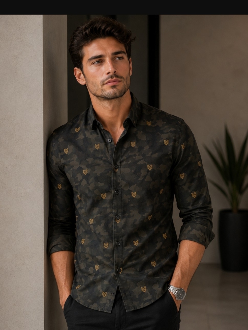 Jared Lang After Hours Dark Green Camo Print Button-Down with Gold Accents